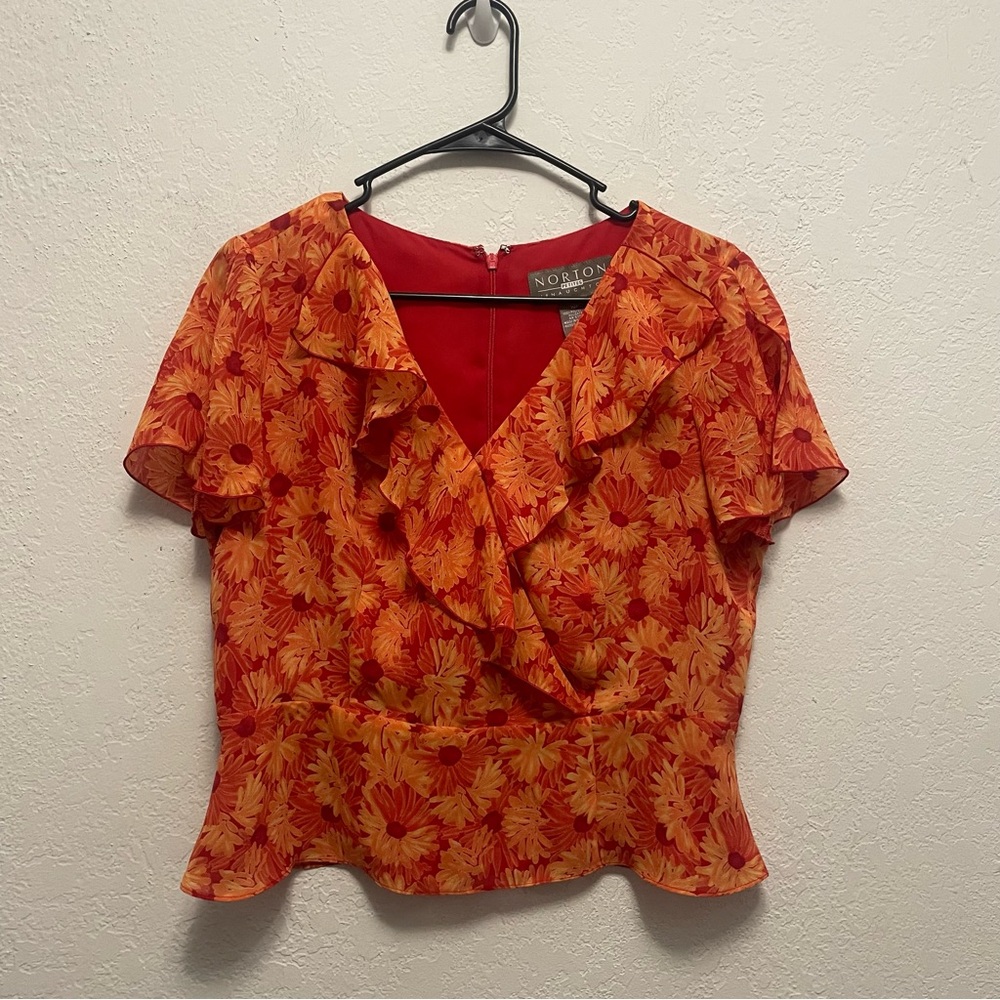 Norton Mcnaughton Orange Ruffled Blouse Womens Size 10 Petite